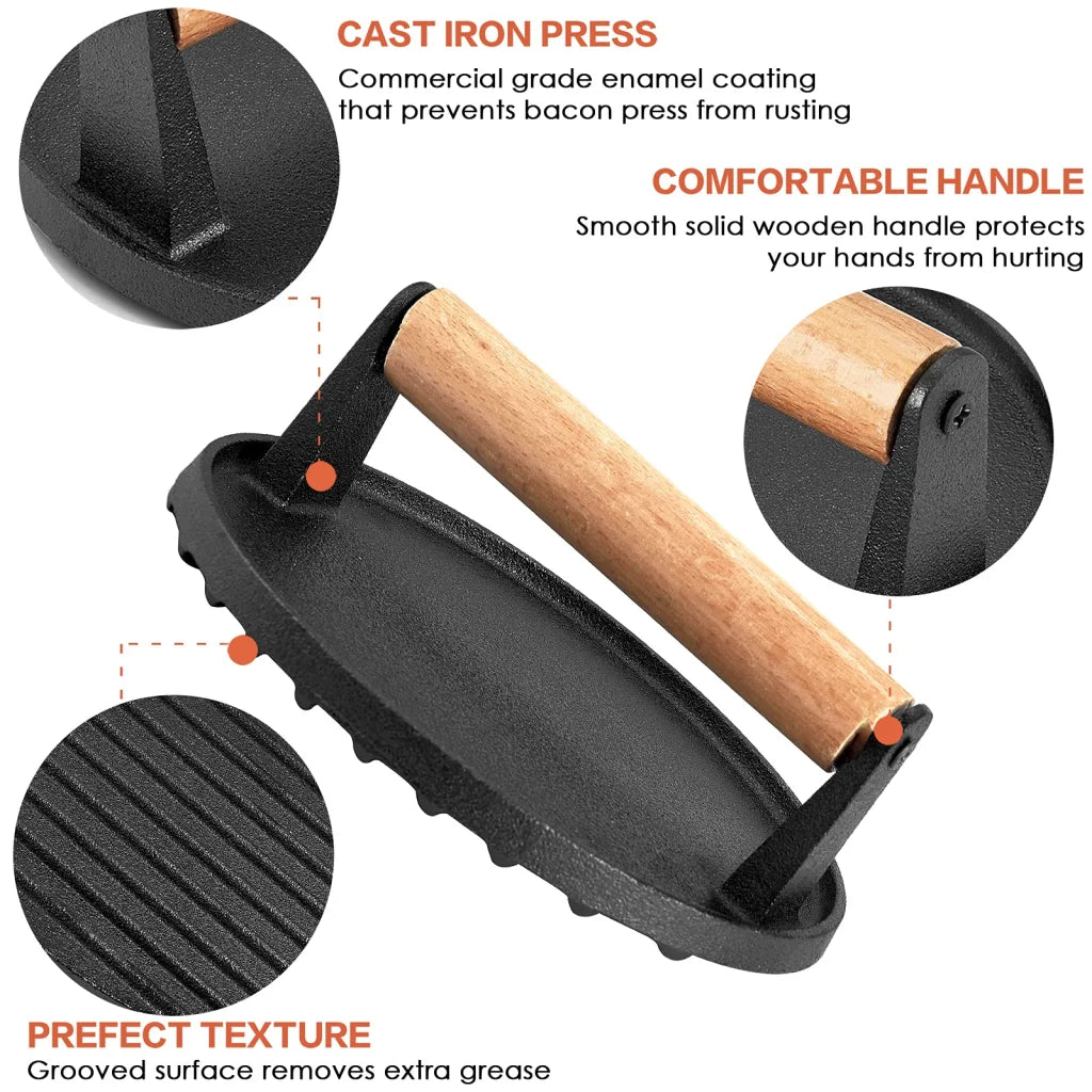 Grill Press Heavy Duty Round Cast Iron for Burger Steak