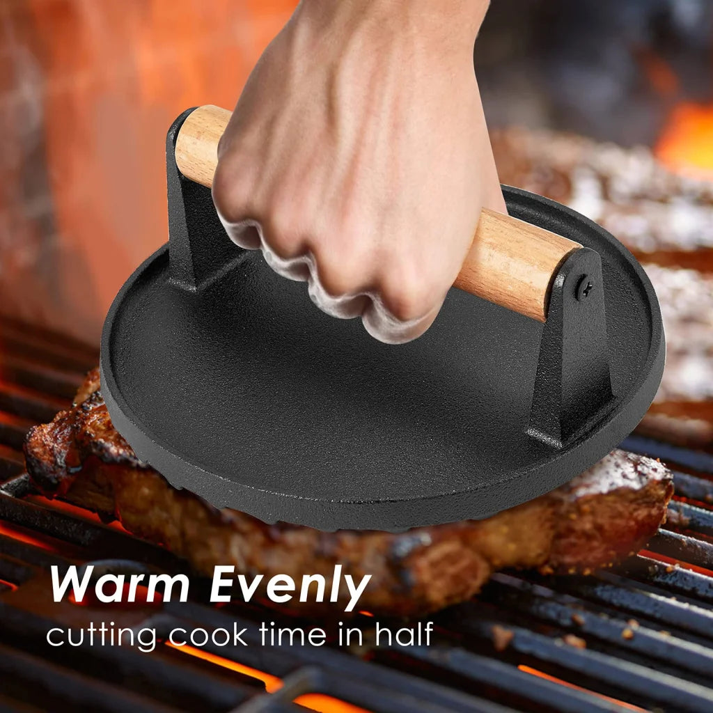 Grill Press Heavy Duty Round Cast Iron for Burger Steak