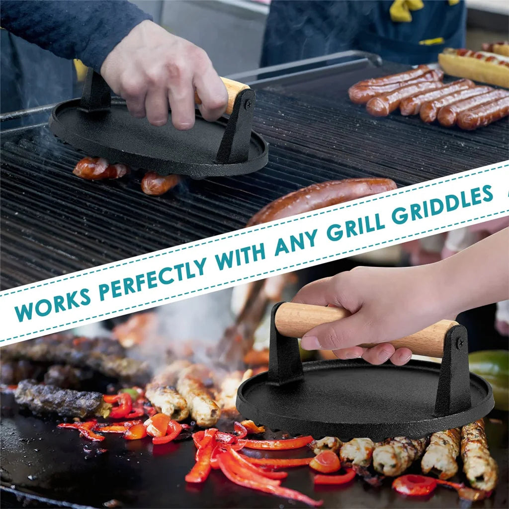 Grill Press Heavy Duty Round Cast Iron for Burger Steak