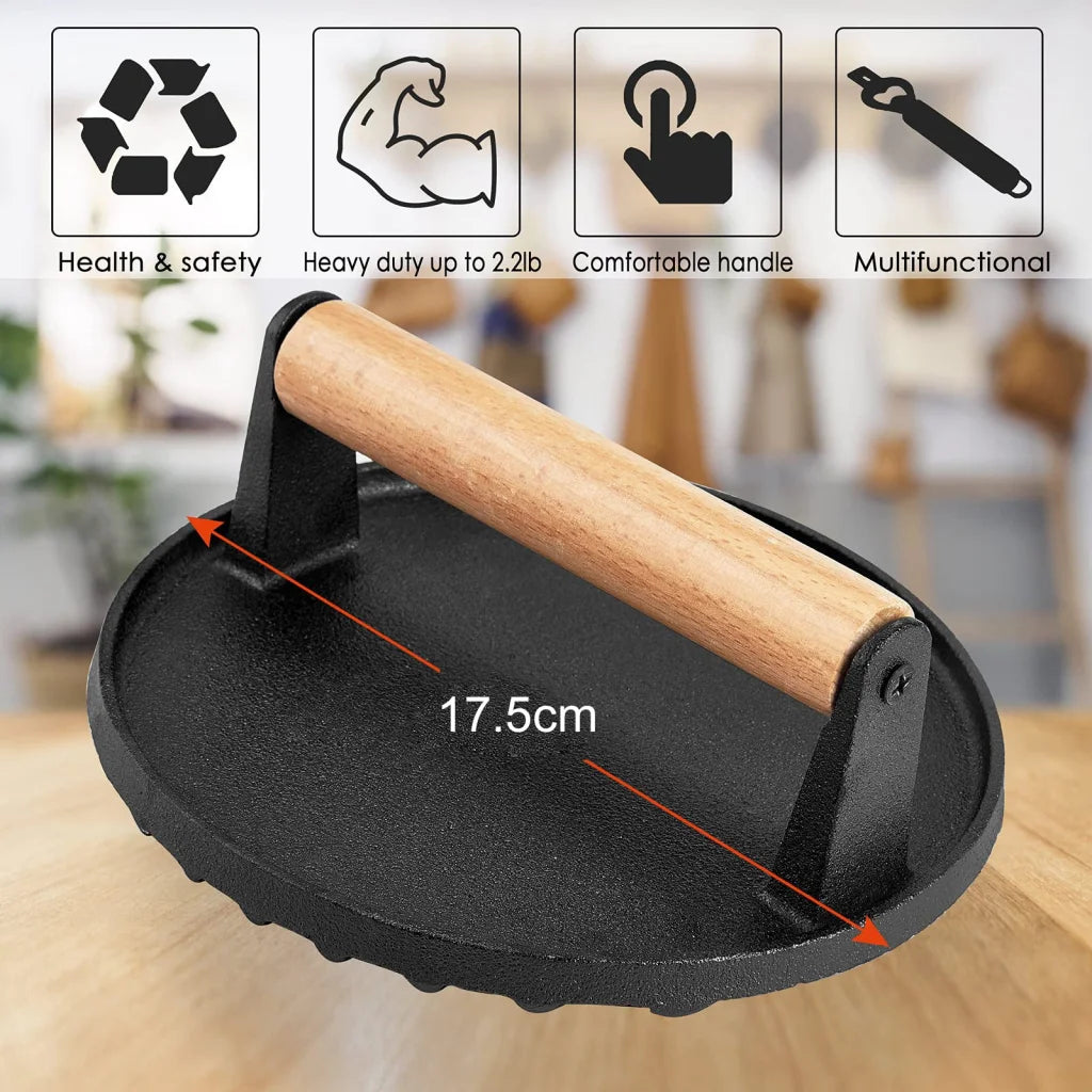 Grill Press Heavy Duty Round Cast Iron for Burger Steak