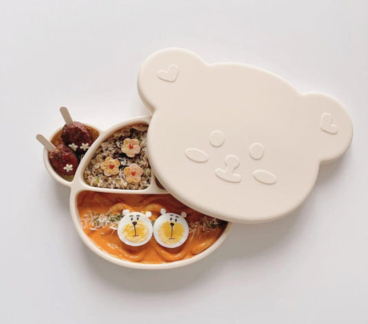 Grosmimi Bear Silicone Suction Food Plate with Silicone Lid Chocolate Brown