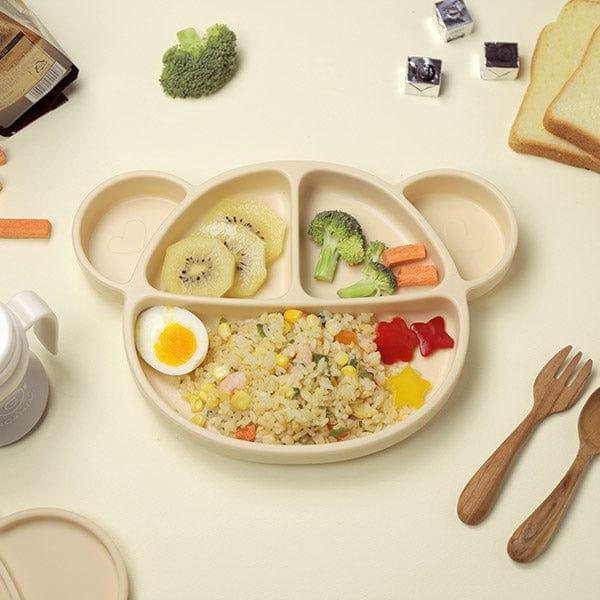 Grosmimi Bear Silicone Suction Food Plate with Silicone Lid Oatmeal