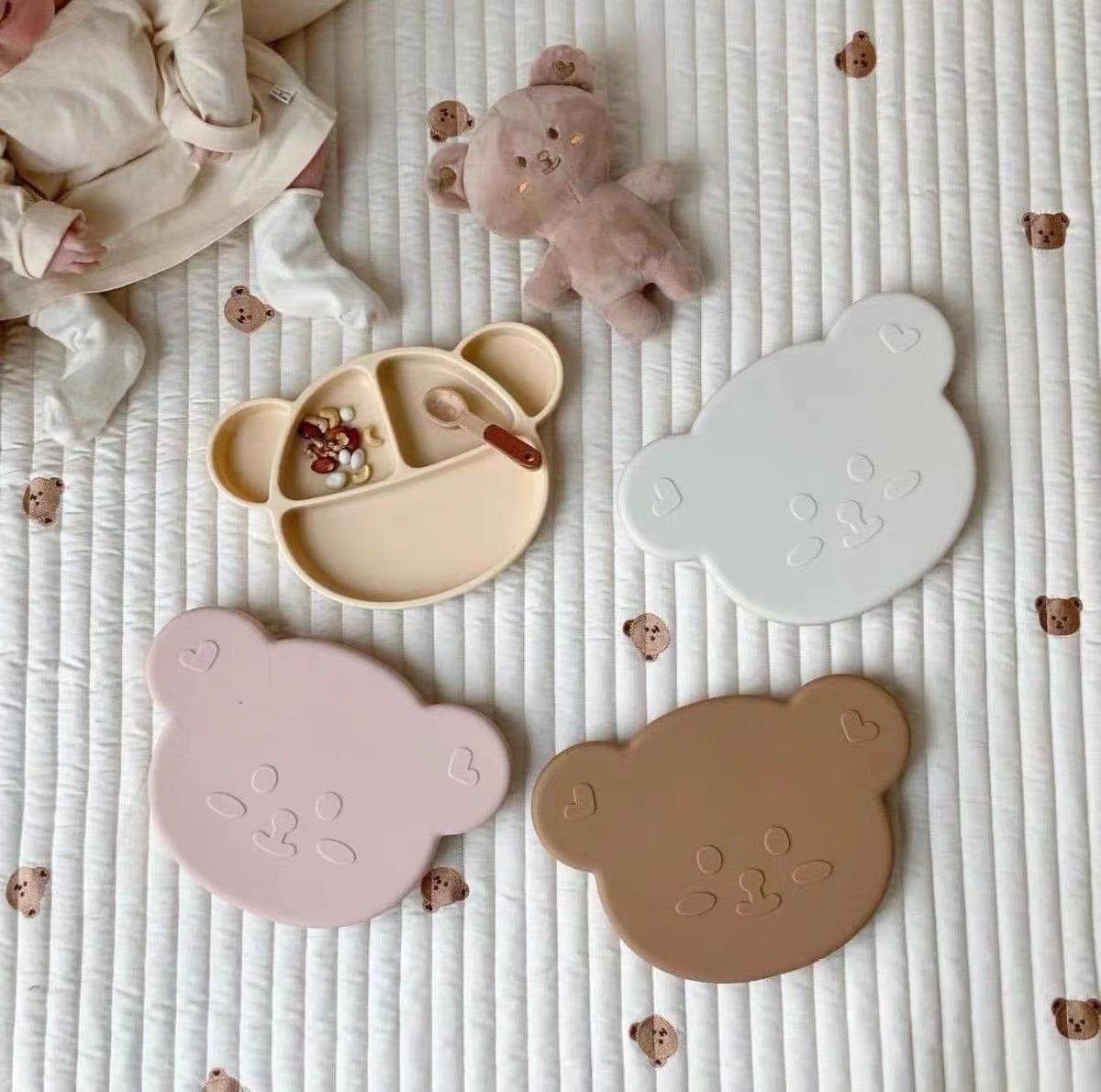 Grosmimi Bear Silicone Suction Food Plate with Silicone Lid Oatmeal