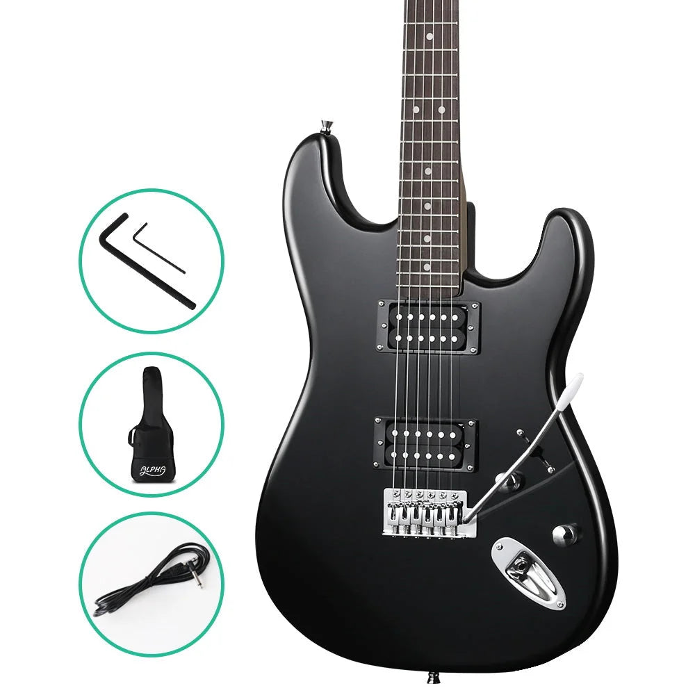 Black steel guitar music instrument with caster wheels and side handle rail