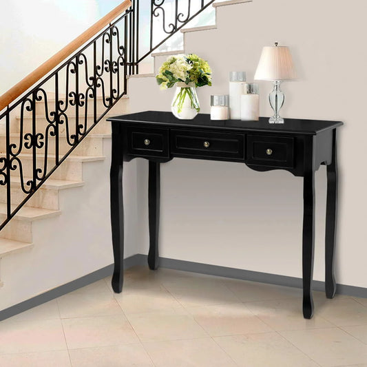 Black wooden console table with entry table legs and handle drawer