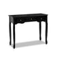 Black wooden console table with narrow table top and storage drawer