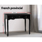 Black wooden console table with pine console table and open shelf