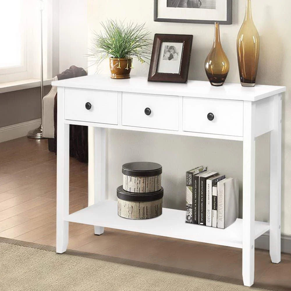 White desk with hallway console table entry
