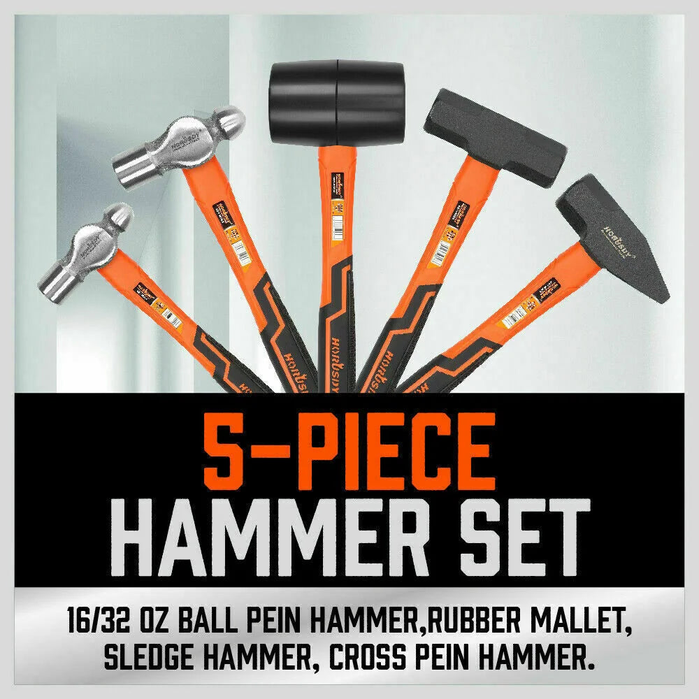 Hammer Set 5Pc Rubber Ball Pein Sledge Cross Pein Mallet