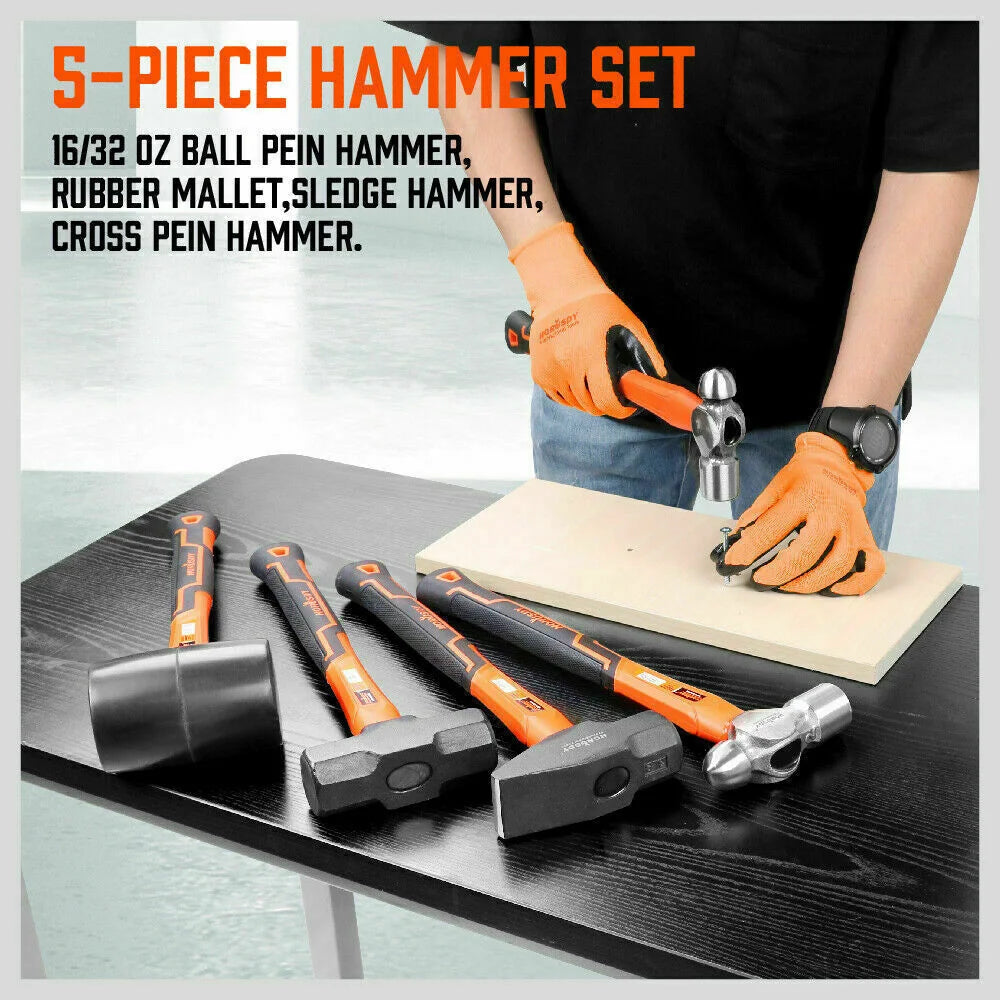 Hammer Set 5Pc Rubber Ball Pein Sledge Cross Pein Mallet