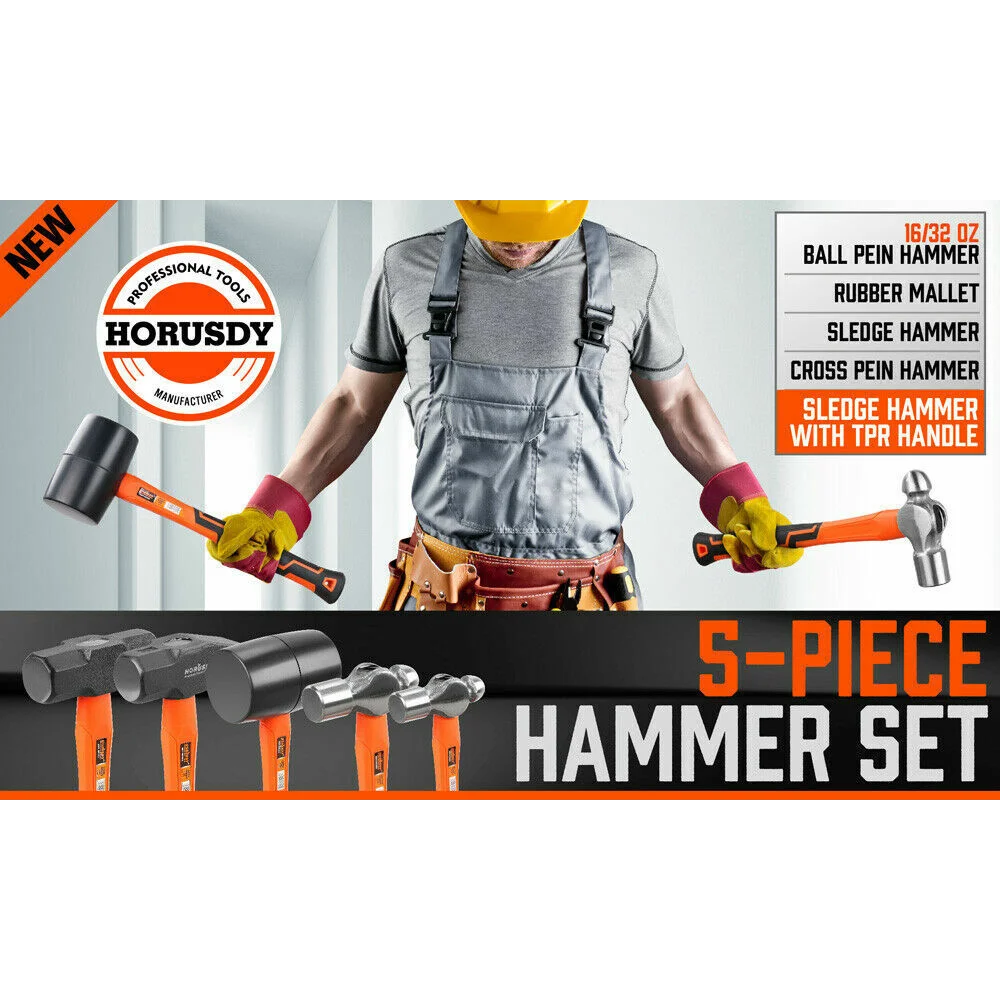 Hammer Set 5Pc Rubber Ball Pein Sledge Cross Pein Mallet