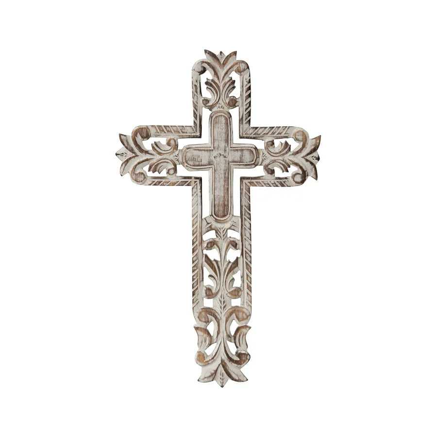 Hand-Carved Cross W Fleur-De-Lis Wall Art 25x40cm - Home &