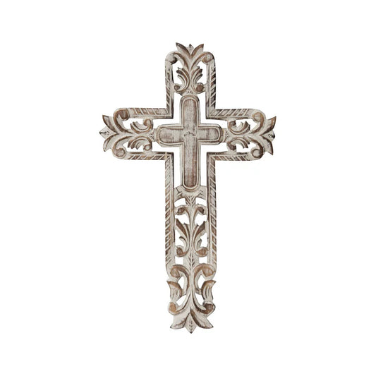 Hand-Carved Cross W Fleur-De-Lis Wall Art 25x40cm - Home &