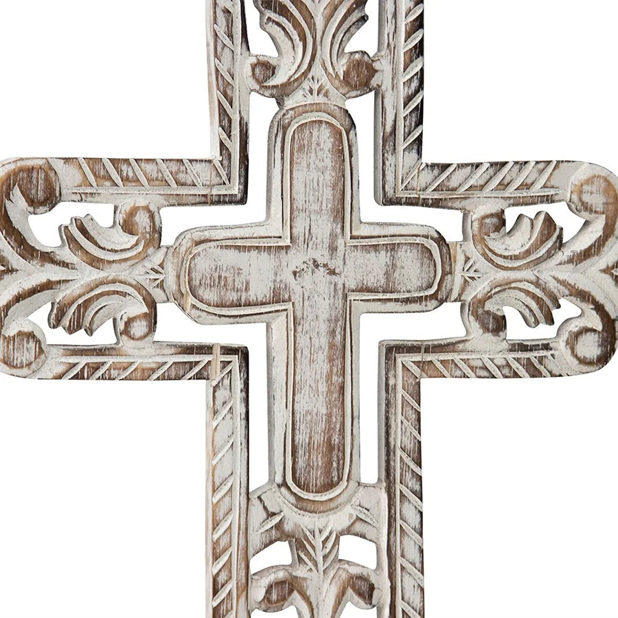 Hand-Carved Cross W Fleur-De-Lis Wall Art 25x40cm - Home &