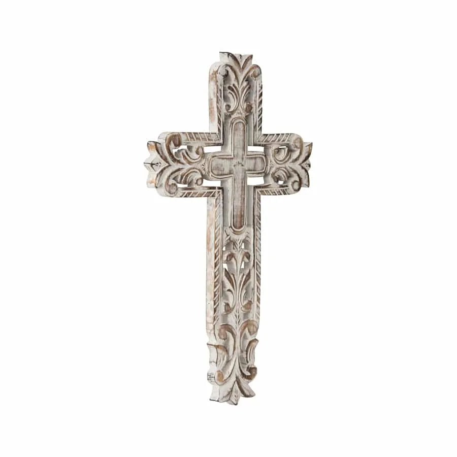 Hand-Carved Cross W Fleur-De-Lis Wall Art 25x40cm - Home &