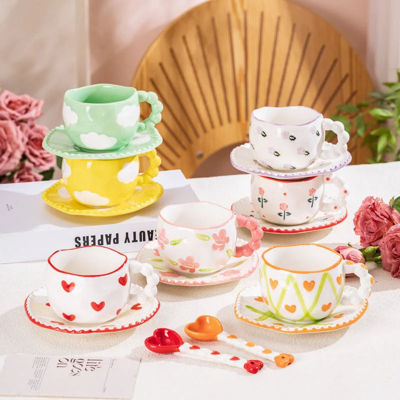 Hand-Painted Ceramic Coffee Mug and Saucer Set - Whimsical