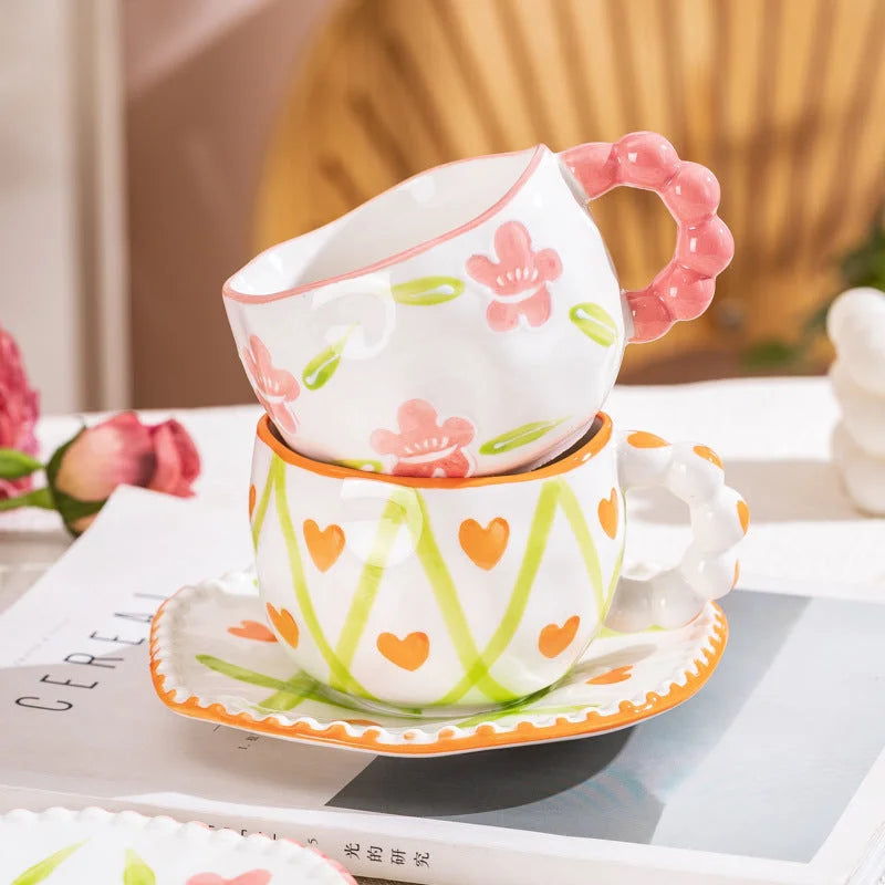 Hand-Painted Ceramic Coffee Mug and Saucer Set - Whimsical