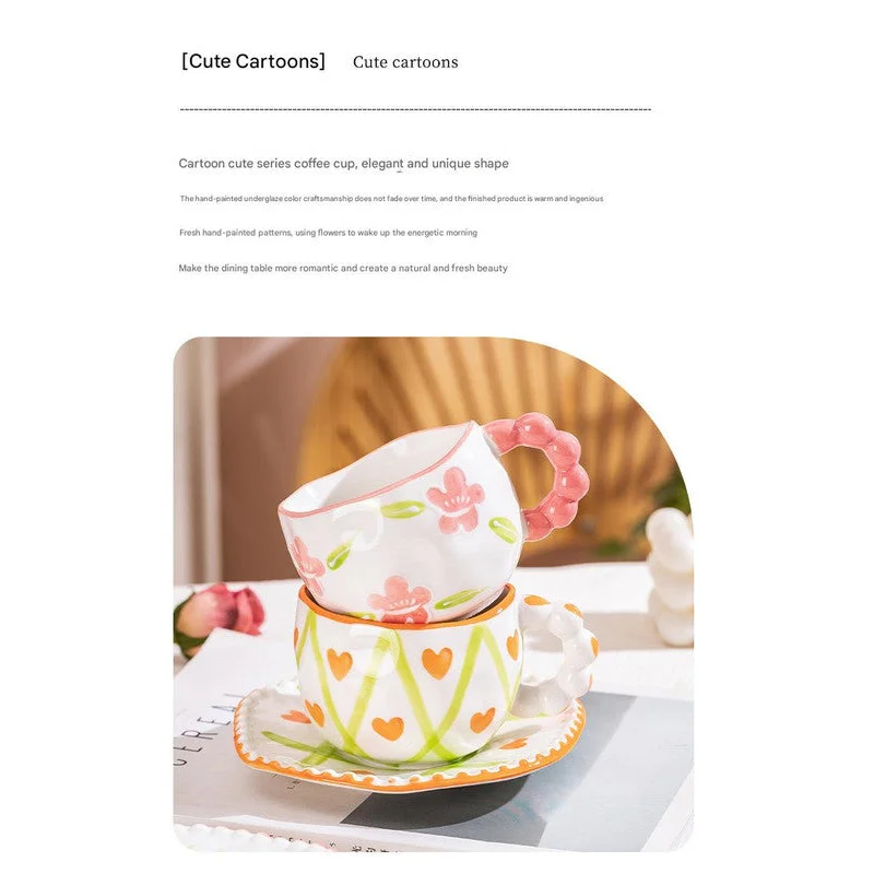 Hand-Painted Ceramic Coffee Mug and Saucer Set - Whimsical