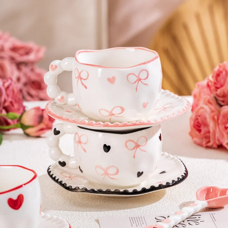 Hand-Painted Ceramic Coffee Mug and Saucer Set - Whimsical