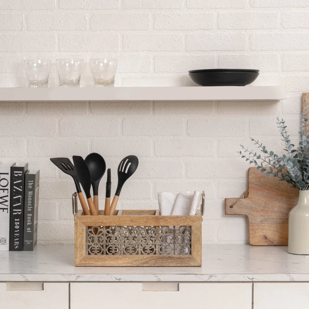 Handcrafted Mango Wood Cutlery / Storage Caddy Three