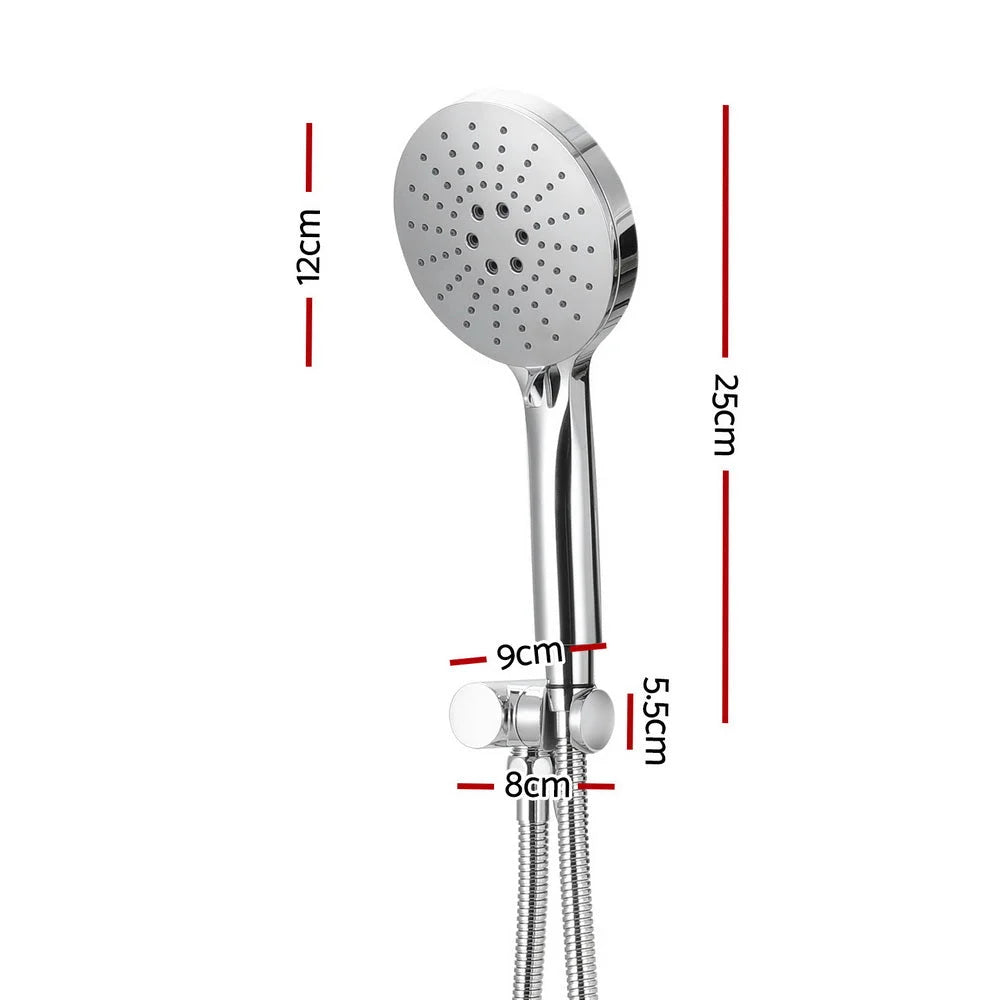 Silver shower head with chrome finish and mixer controls