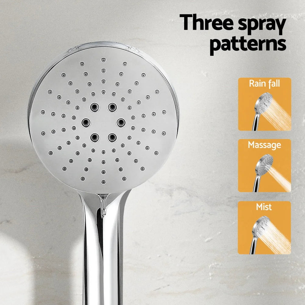 Silver shower head with polished finish and connector fittings