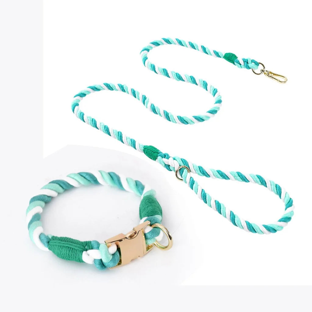 Handmade Rope Dog Collar and Leash Set - Colorful Woven