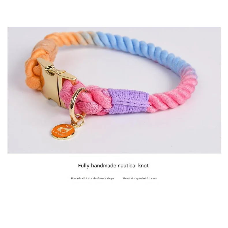 Handmade Rope Dog Collar and Leash Set - Colorful Woven