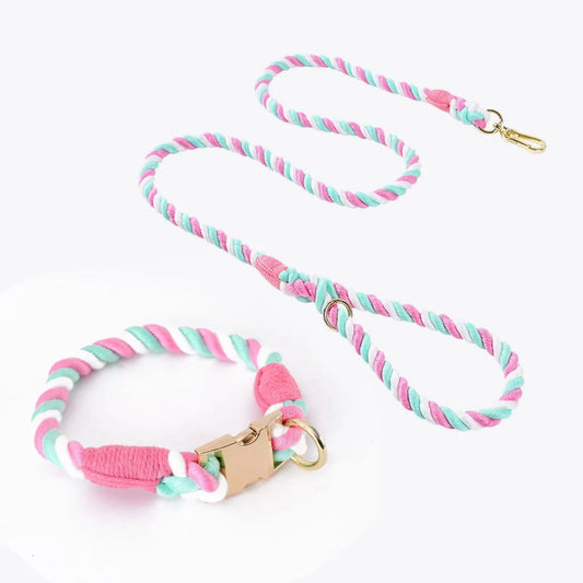 Handmade Rope Dog Collar and Leash Set - Colorful Woven