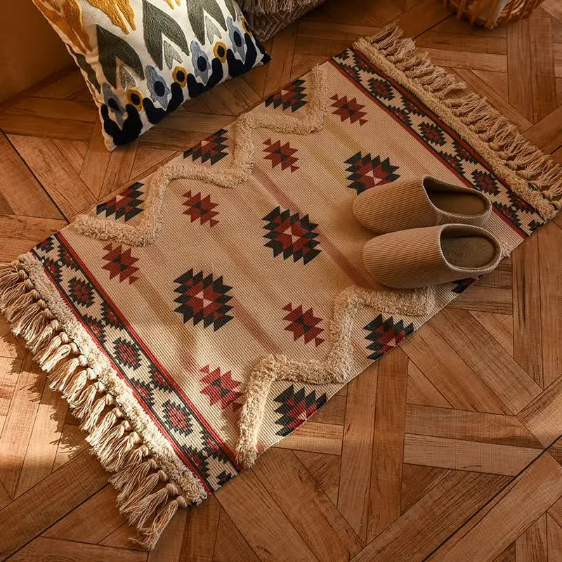Handwoven Cotton Tassel Floor Rug for Bedroom or Living