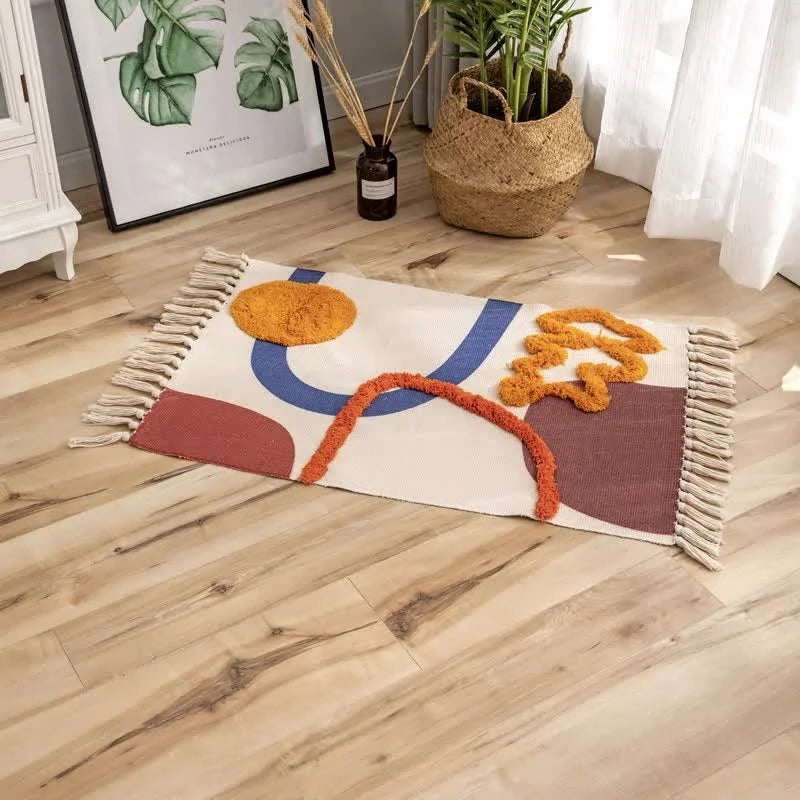 Handwoven Cotton Tassel Floor Rug for Bedroom or Living