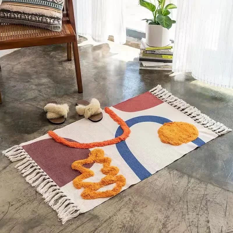 Handwoven Cotton Tassel Floor Rug for Bedroom or Living