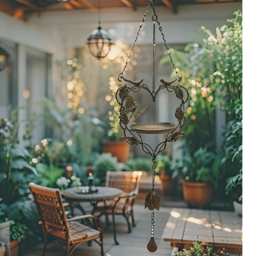 Hanging Heart-Shape-Birdfeeder w Butterfly + Birds 87cm