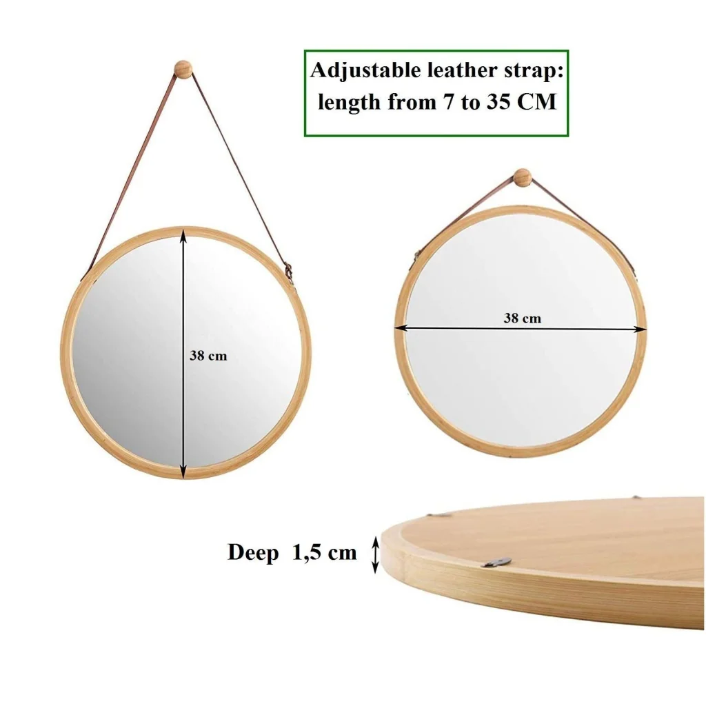 Hanging Round Wall Mirror 38cm - Solid Bamboo Frame