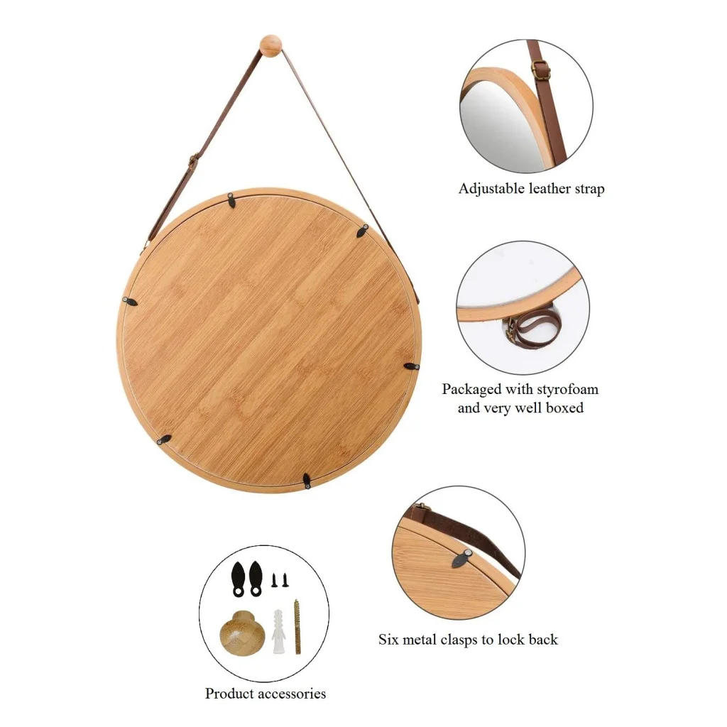 Hanging Round Wall Mirror 38cm - Solid Bamboo Frame