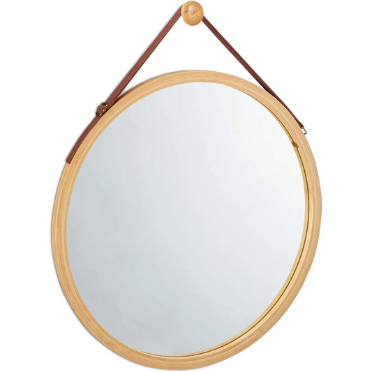 Hanging Round Wall Mirror 38cm - Solid Bamboo Frame