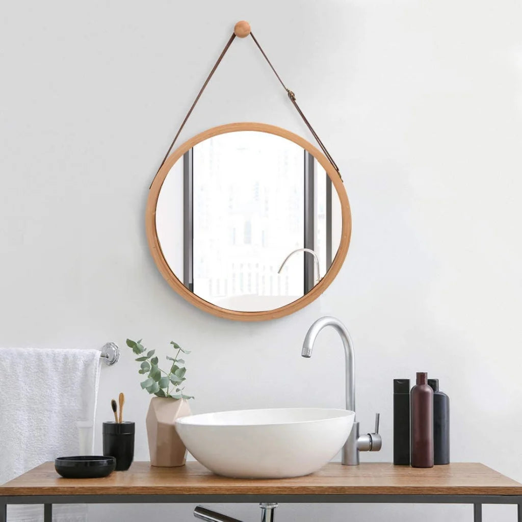 Hanging Round Wall Mirror 38cm - Solid Bamboo Frame
