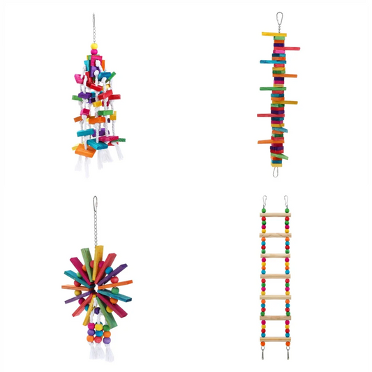Hanging Swing Bird Parrot Budgie Toys - 4X Assorted Wood