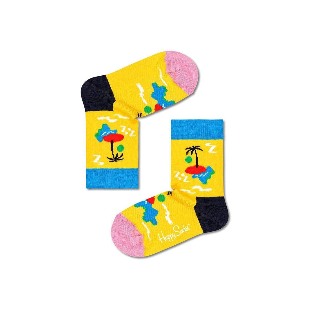 Happy Socks Kids Island in the Sun socks, 4–6 years, with yellow palm-tree pattern, blue cuffs and pink toes