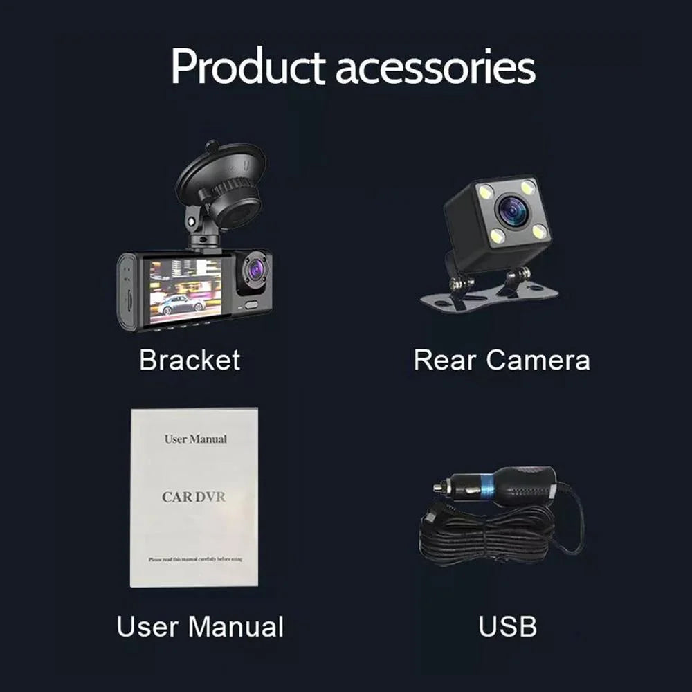 Hd Night Vision Car Driving Recorder with 3 Lenses - Auto