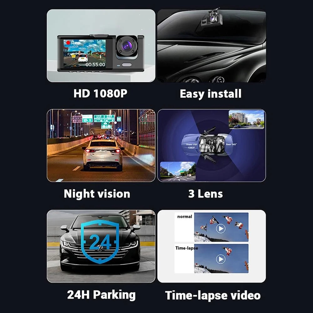 Hd Night Vision Car Driving Recorder with 3 Lenses - Auto