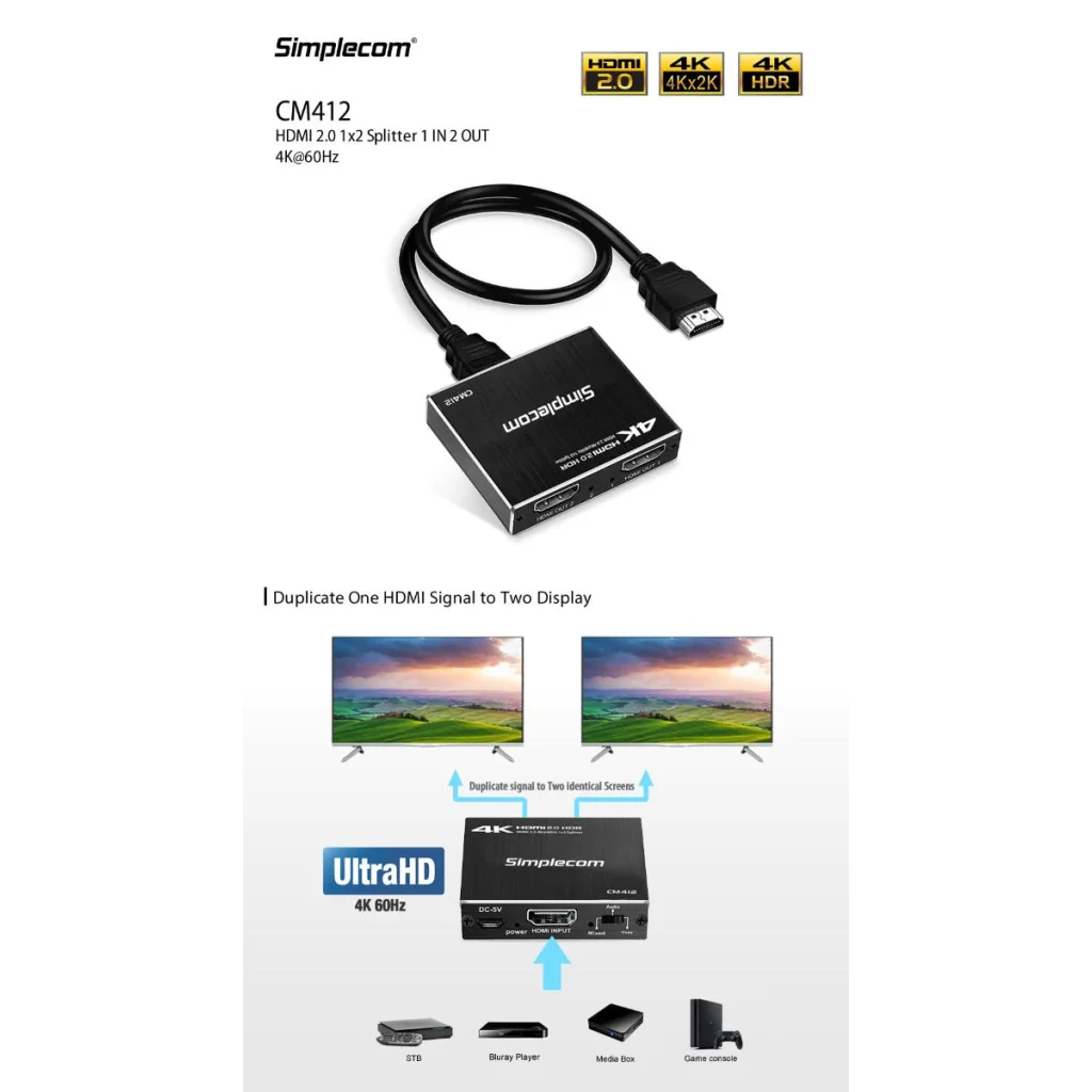 HDMI 2.0 Splitter 1x2 4K@60Hz HDR10 2 Port HDMI Duplicator