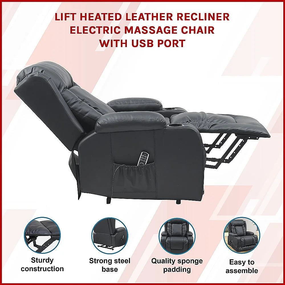 Heated Leather Recliner Massage Chair with USB Port - Lift