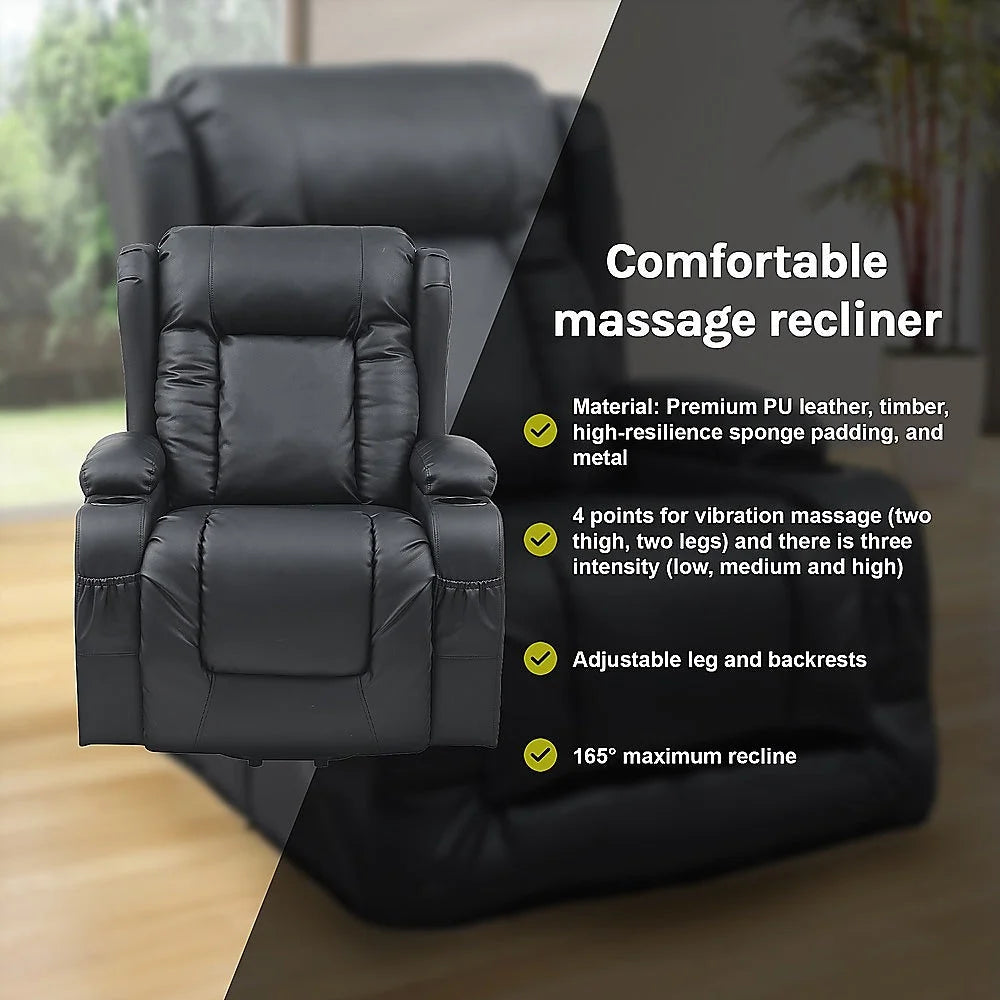Heated Leather Recliner Massage Chair with USB Port - Lift