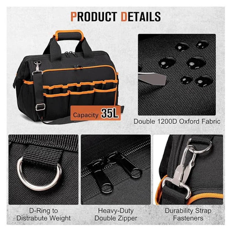 Heavy-Duty 17-Inch Tool Bag with 46 Pockets Waterproof Base