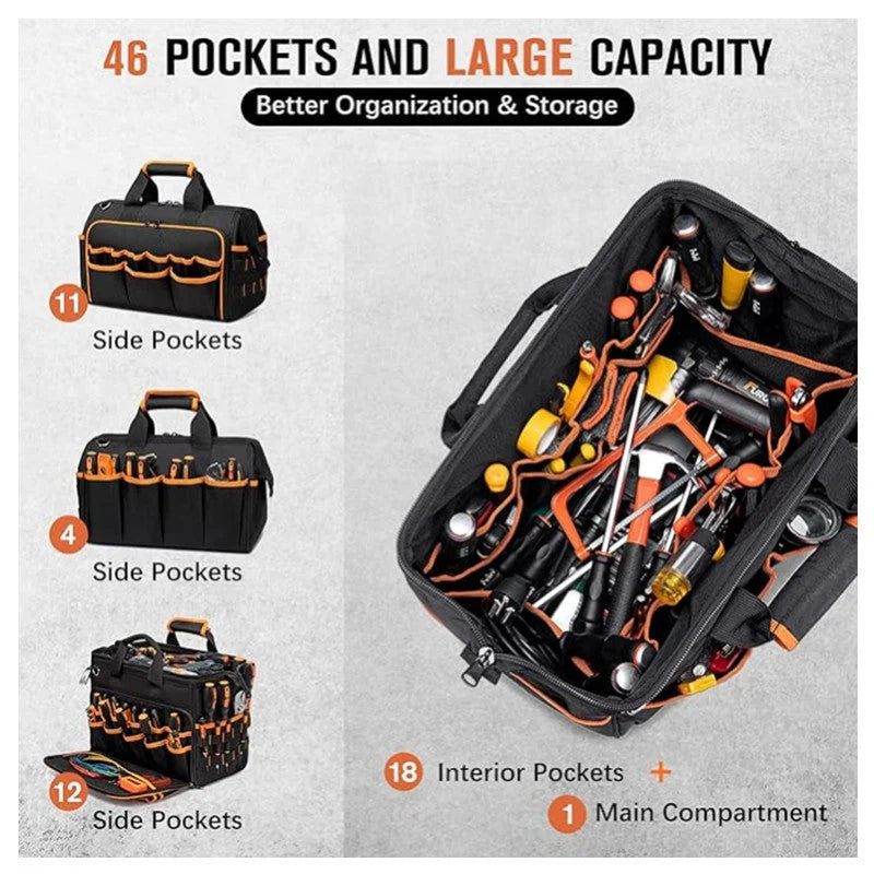 Heavy-Duty 17-Inch Tool Bag with 46 Pockets Waterproof Base