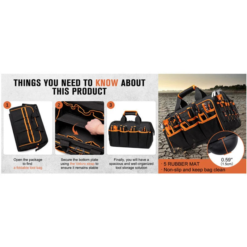 Heavy-Duty 17-Inch Tool Bag with 46 Pockets Waterproof Base