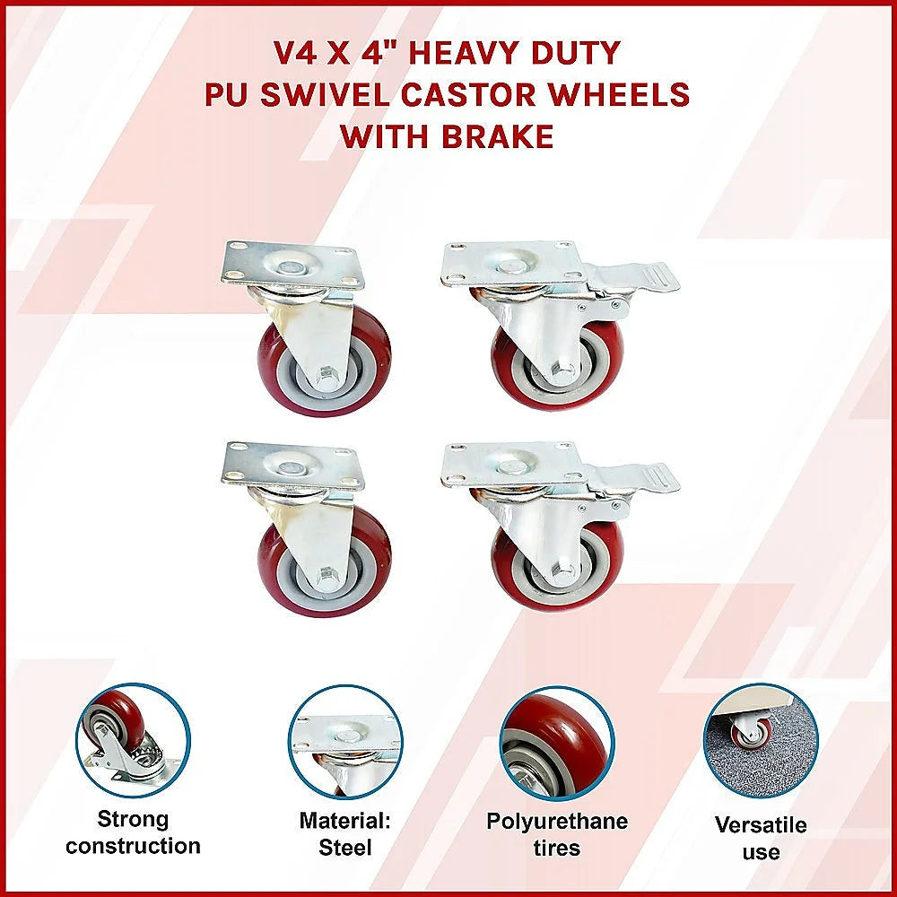 Heavy Duty PU Swivel Castor Wheels with Brake - 4 x 4’’
