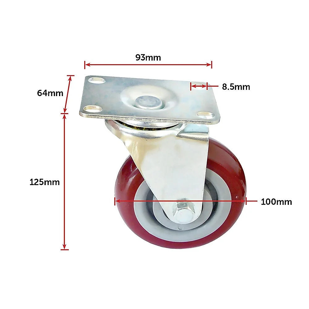 Heavy Duty PU Swivel Castor Wheels with Brake - 4 x 4’’