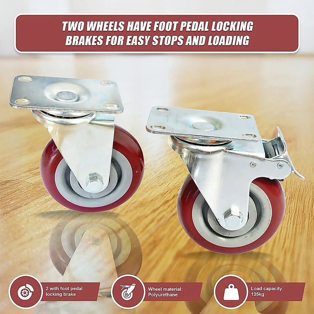 Heavy Duty PU Swivel Castor Wheels with Brake - 4 x 4’’